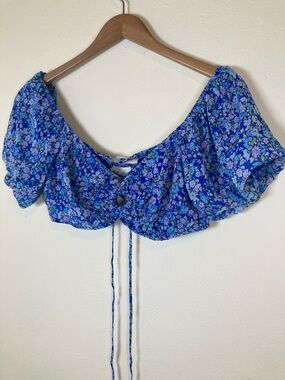 Wild Fable Blue Floral Puff Sleeve Crop Top Tie Front Cottagecore M